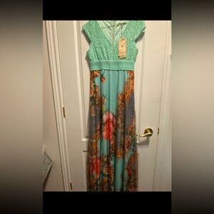 Green and Blue Fit and Flare Dress with Flutter Sleeves- New